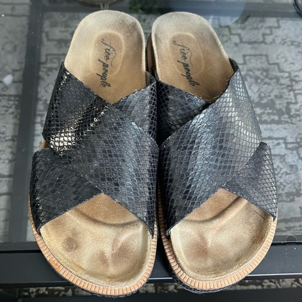 Free People Sidelines Footbed Sandal in Black Snake
